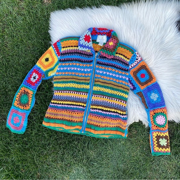 Vtg Express Tricot Sweater cardigan Multicolor Granny Square Crochet Medium - Picture 3 of 10